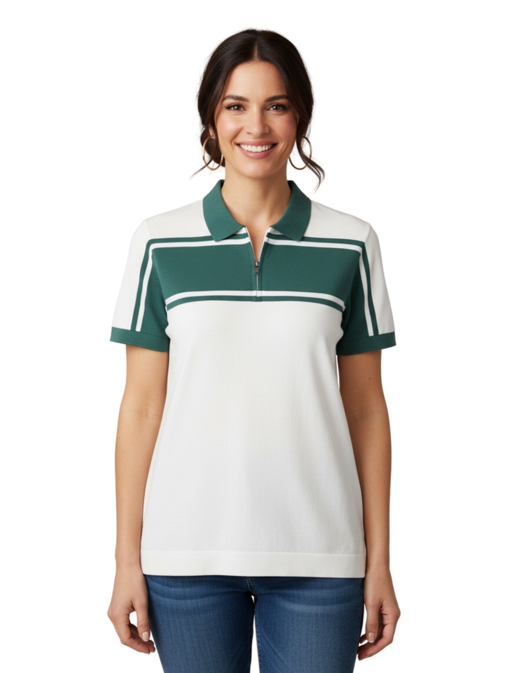 Short-Sleeve Polo Top in White and Green with Zip Front